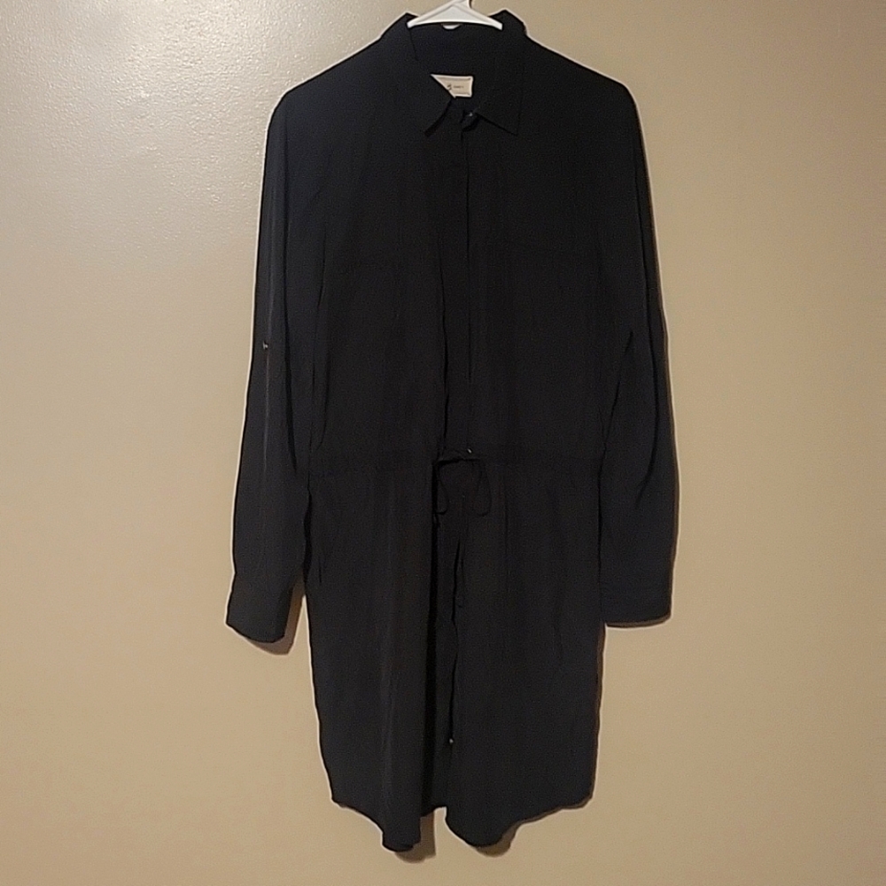 Lou & Grey Dress Womens Medium Black Roll Sleeve Modal Blend Button Up Ladies